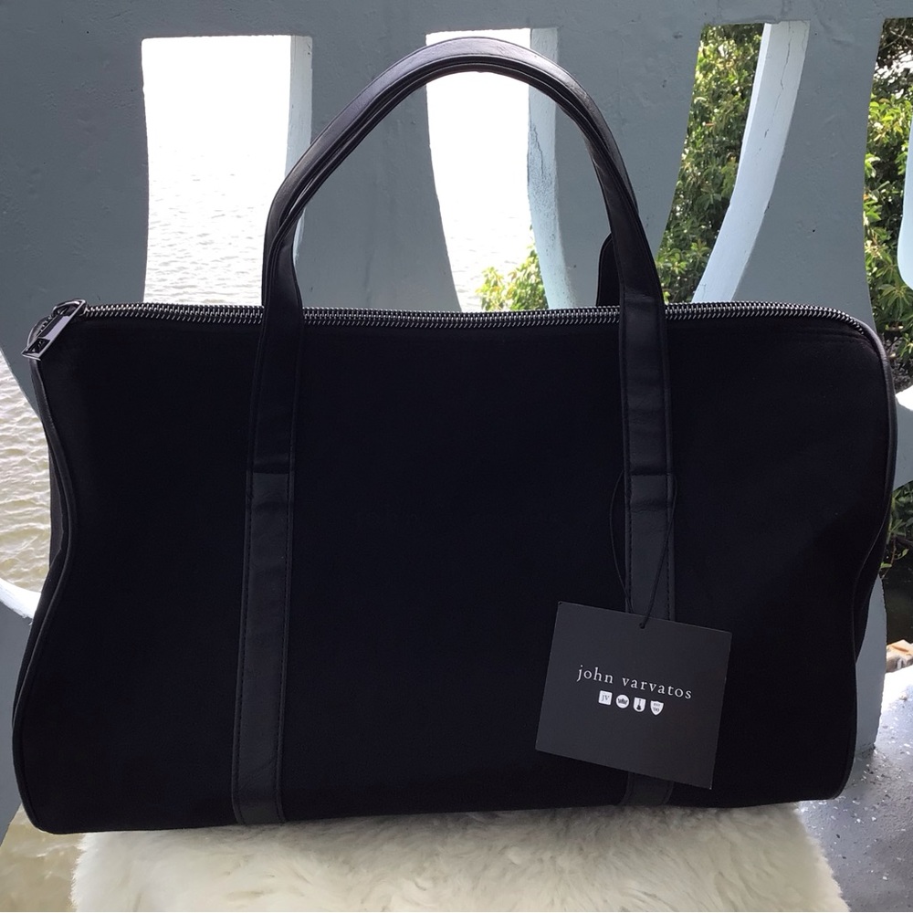 John Varvatos Black Faux Suede and Faux Leather Trim Duffel Bag with Top Handles